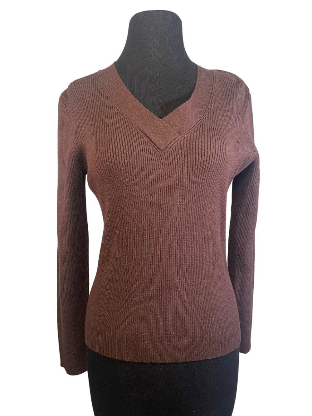 Isabella Bird Womens Ribbed V-Neck Sweater Brown S Rayon Blend Long Sleeve - Picture 4 of 6